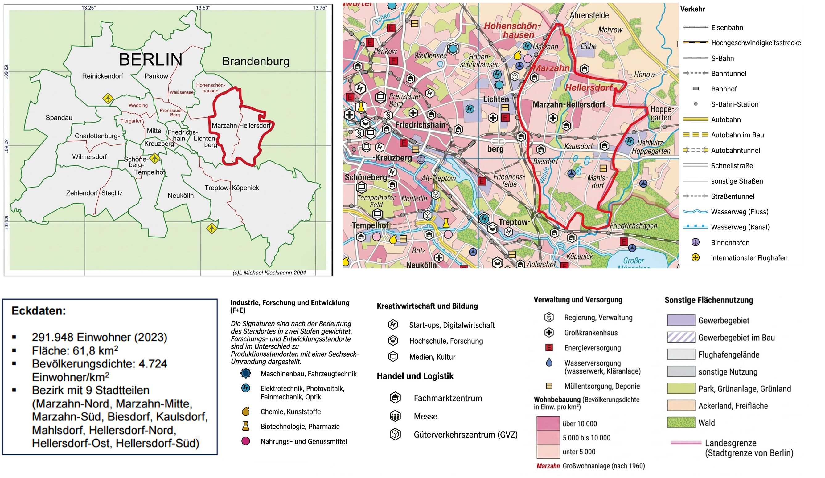 Übersichtskarte von Berlin mit markiertem Bezirk Marzahn-Hellersdorf, Detailkarte, Legende und Eckdaten.